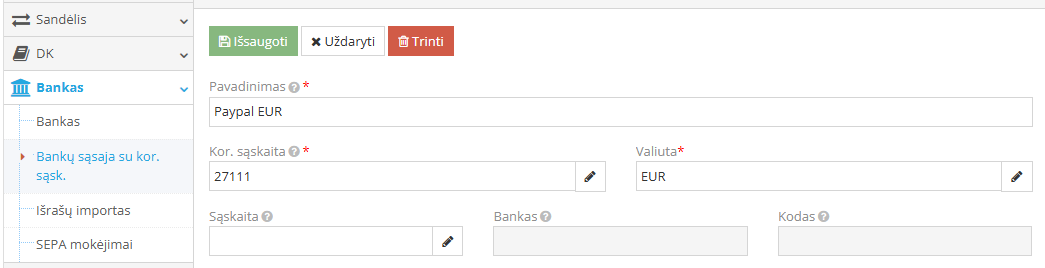 Banko sąskaitos pririšimo prie korespondentinės sąskaitos langas